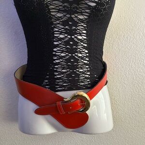 Calderon Vintage 80s Wavy Red Leather Belt With Gold Buckle L
